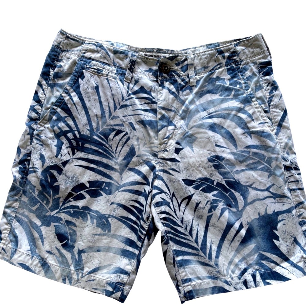 American Eagle Mens Blue White Tropical Palm Leaf Print Chino Shorts 1977 Logo